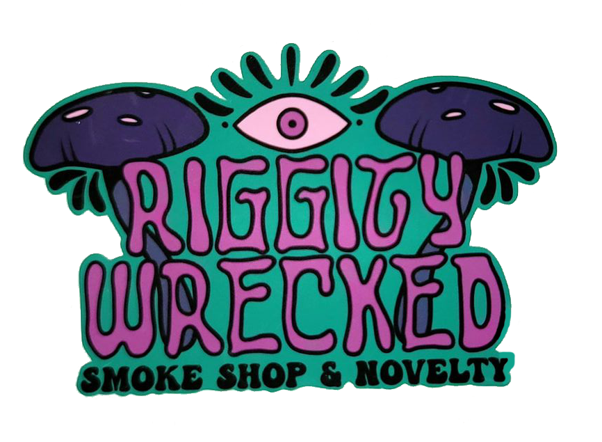 Riggity Wrecked Smoke Shop & Novelty Logo — All Seeing Eye with Psychedelic Lettering and Mushrooms