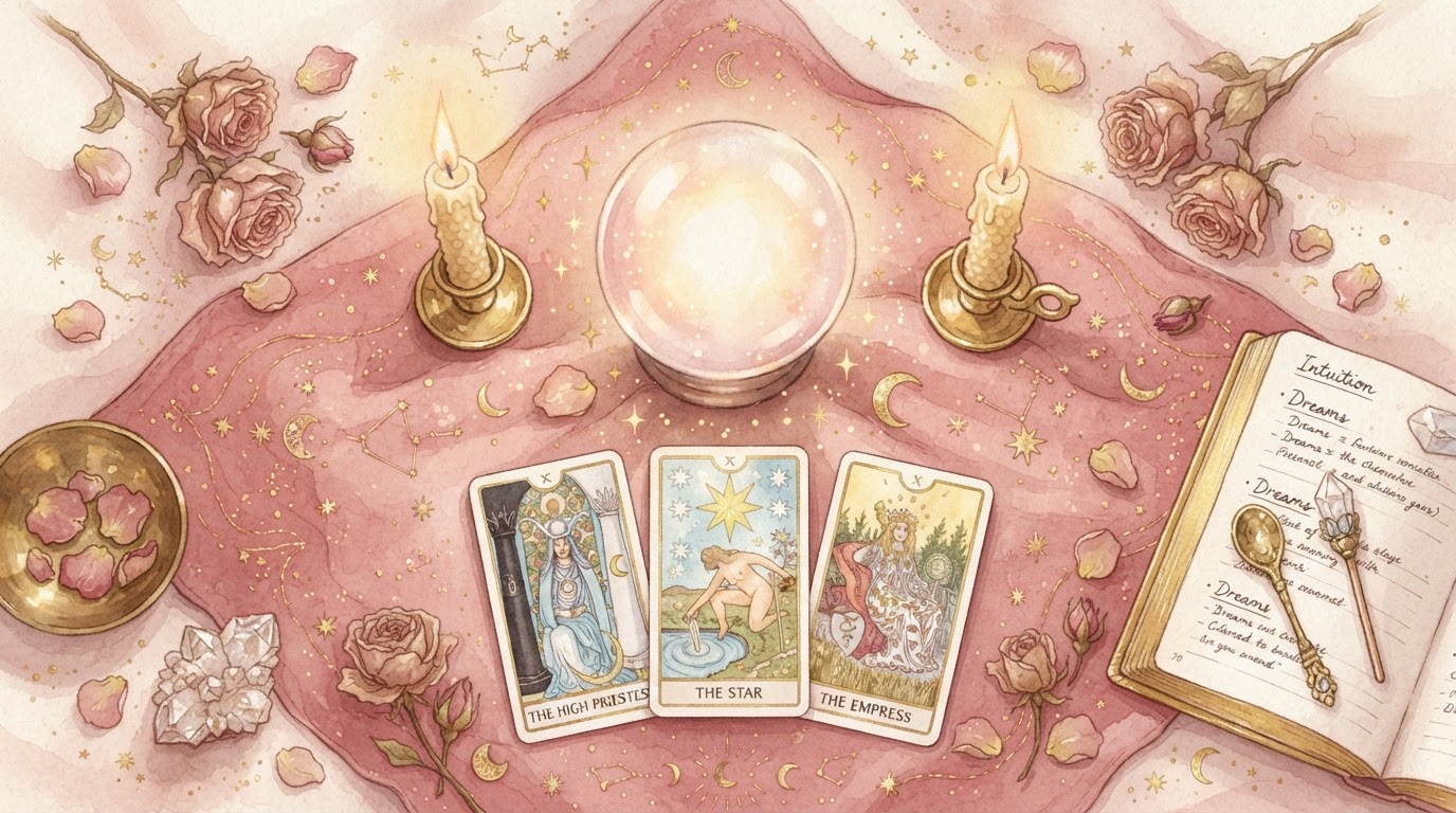 Live tarot session with candles, a crystal ball, and tarot cards on a rose-pink cloth