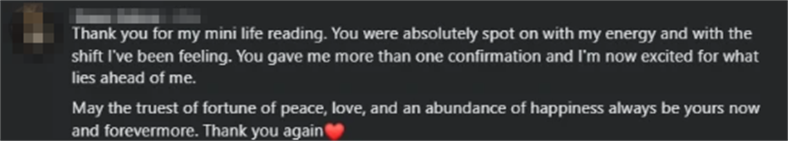 Screenshot of a client review from Emmy J.: Mica just did a quick read for me today and she was SPOT ON! Everything that I've been overthinking she took right from my thoughts! I appreciate you so much for taking the time out of your day to do that for me! Thank you so much!