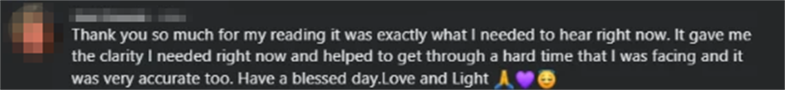 Screenshot of a client review from Kelly T.: Mica did a free mini reading for me today and wow, was she spot on! Even in that mini reading I came away feeling more heard, understood and stronger. Thanks Mica, I needed this today