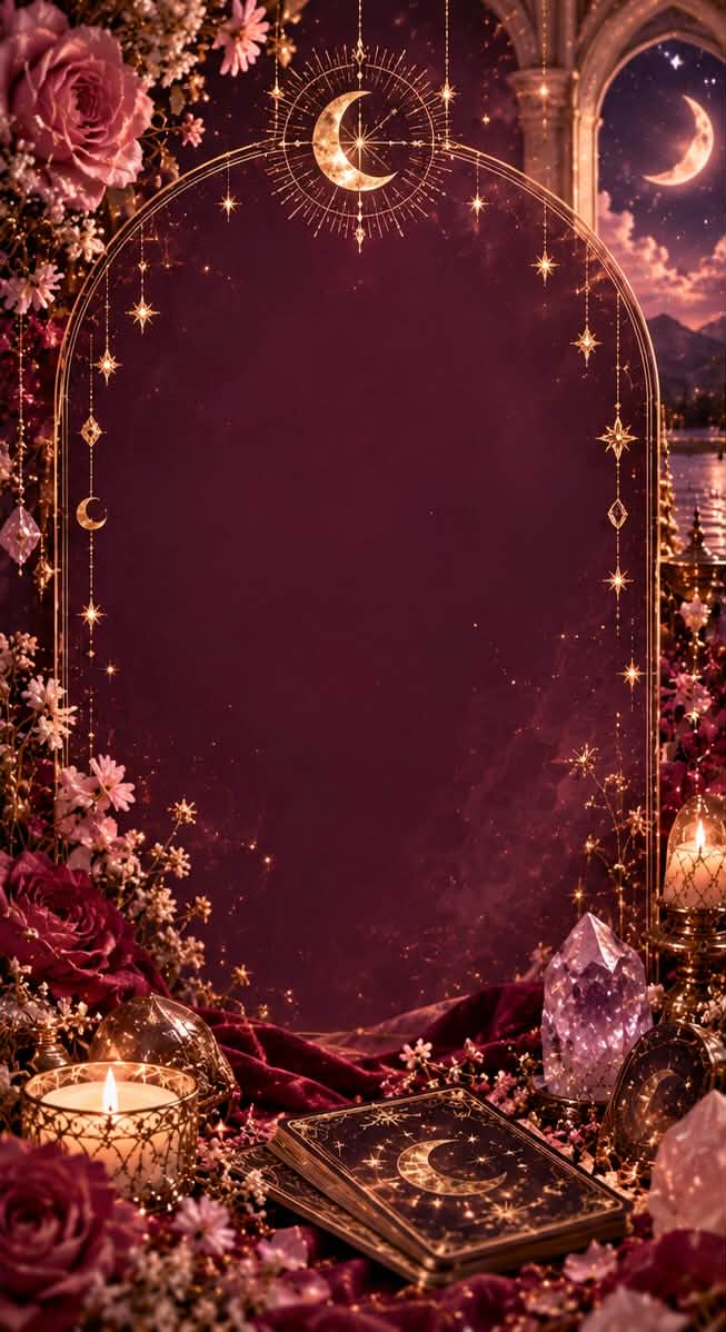 Monthly Plan — mystical tarot arch with candlelight, cards and celestial sky