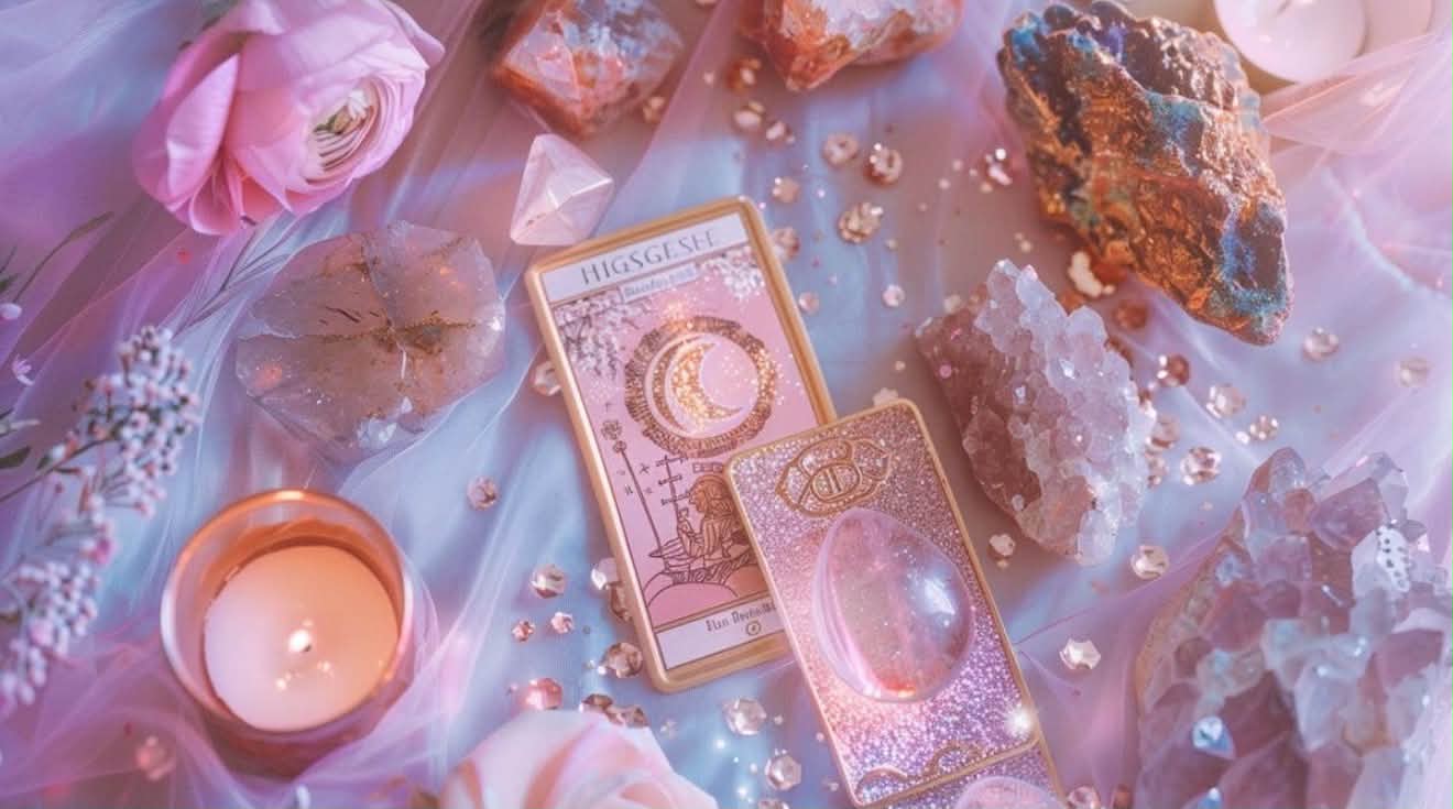 Tarot cards with pink florals, rose quartz, and candlelight