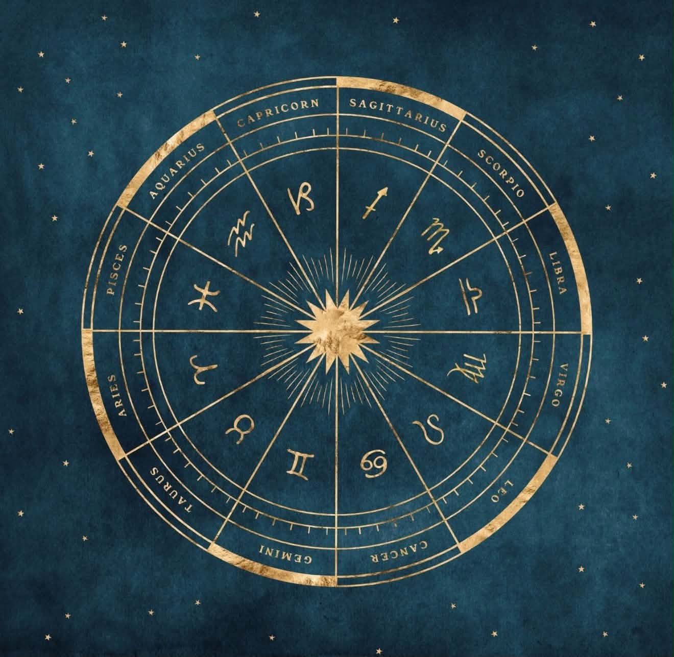 Golden astrological zodiac wheel with celestial star background