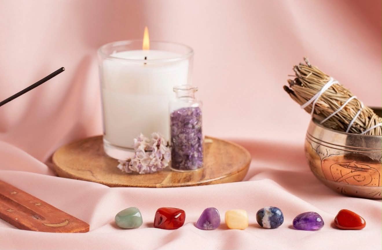 Spiritual healing ritual with candle, sage bundle, singing bowl, and crystals