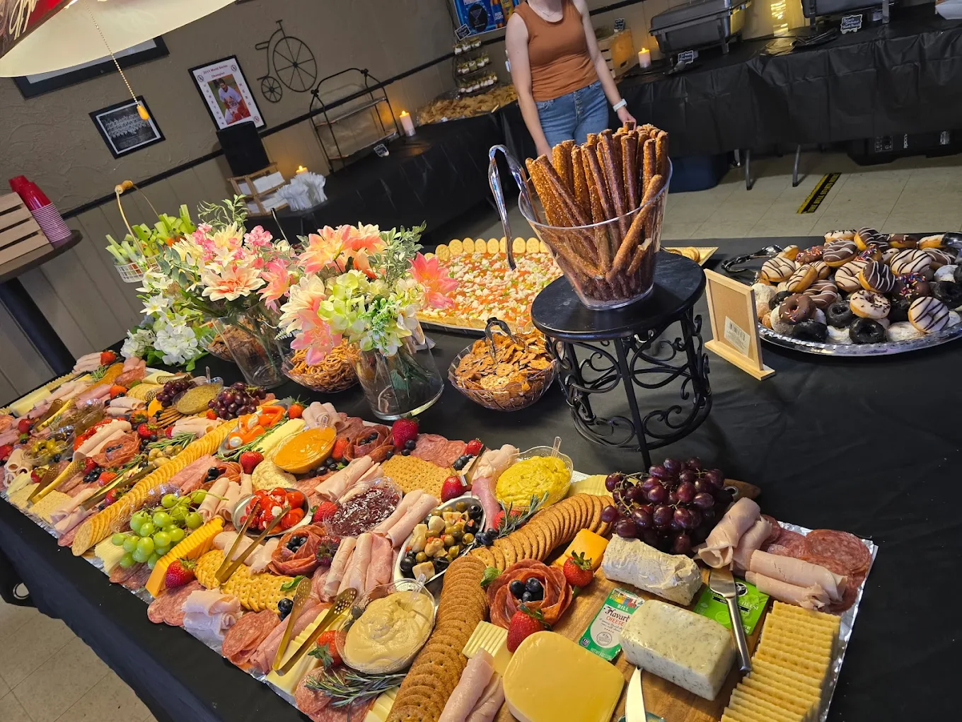 Yesterday's Bar & Grill party catering spread with charcuterie and desserts