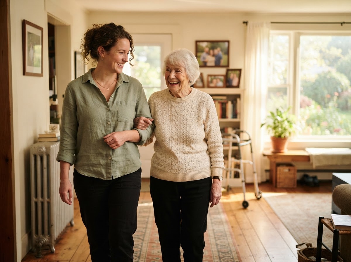 A compassionate caregiver walking arm-in-arm with a smiling senior woman through a sunlit Upstate New York home.