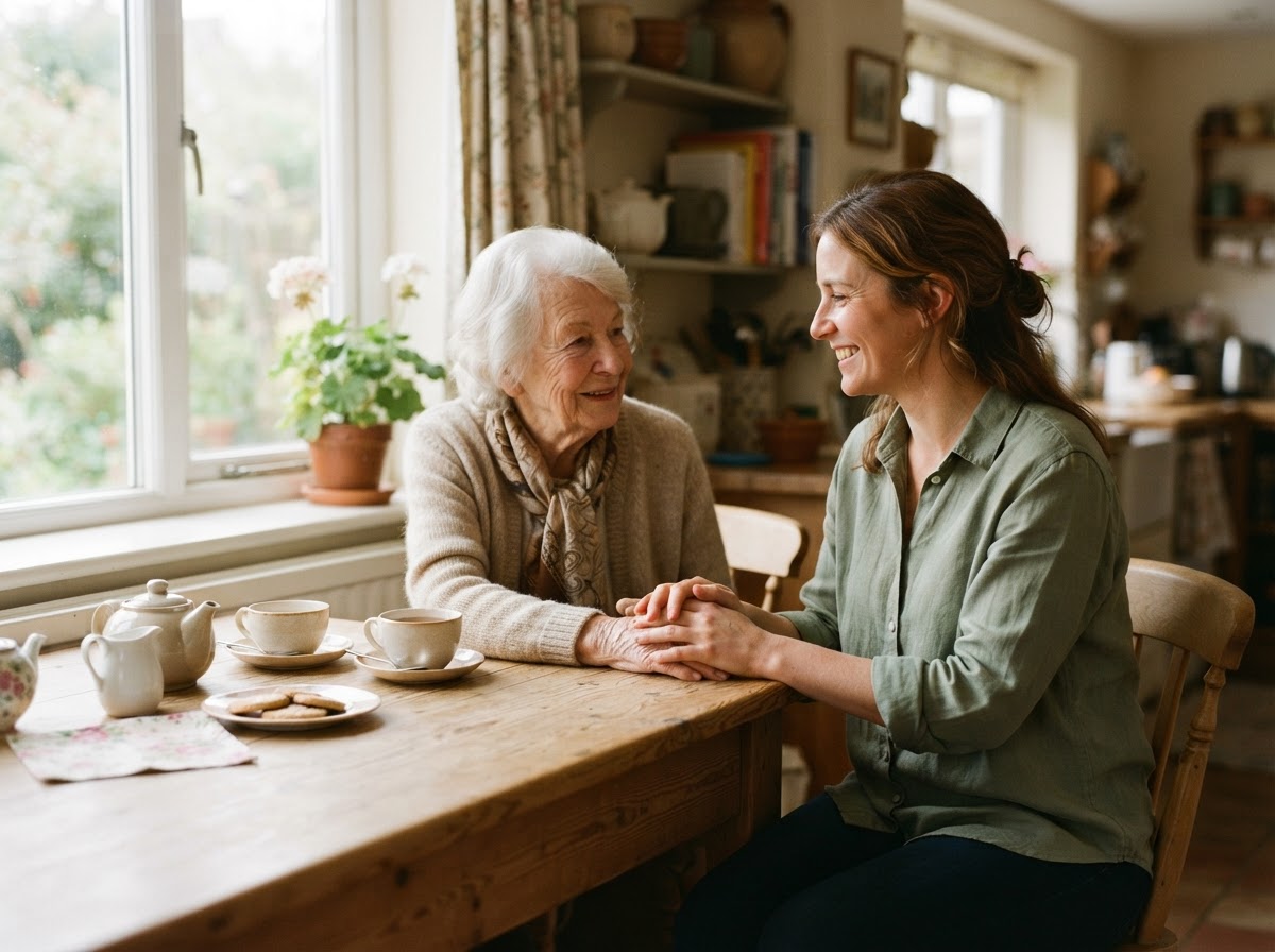 A caregiver sitting side by side with a senior, sharing a calm moment at home.