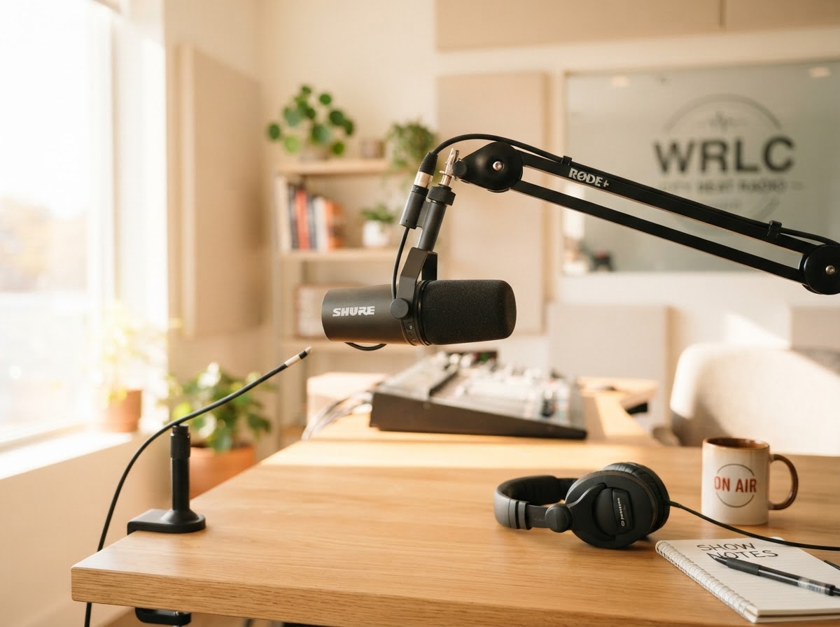 Bright broadcast radio studio microphone on air for the Medicare On Air radio show