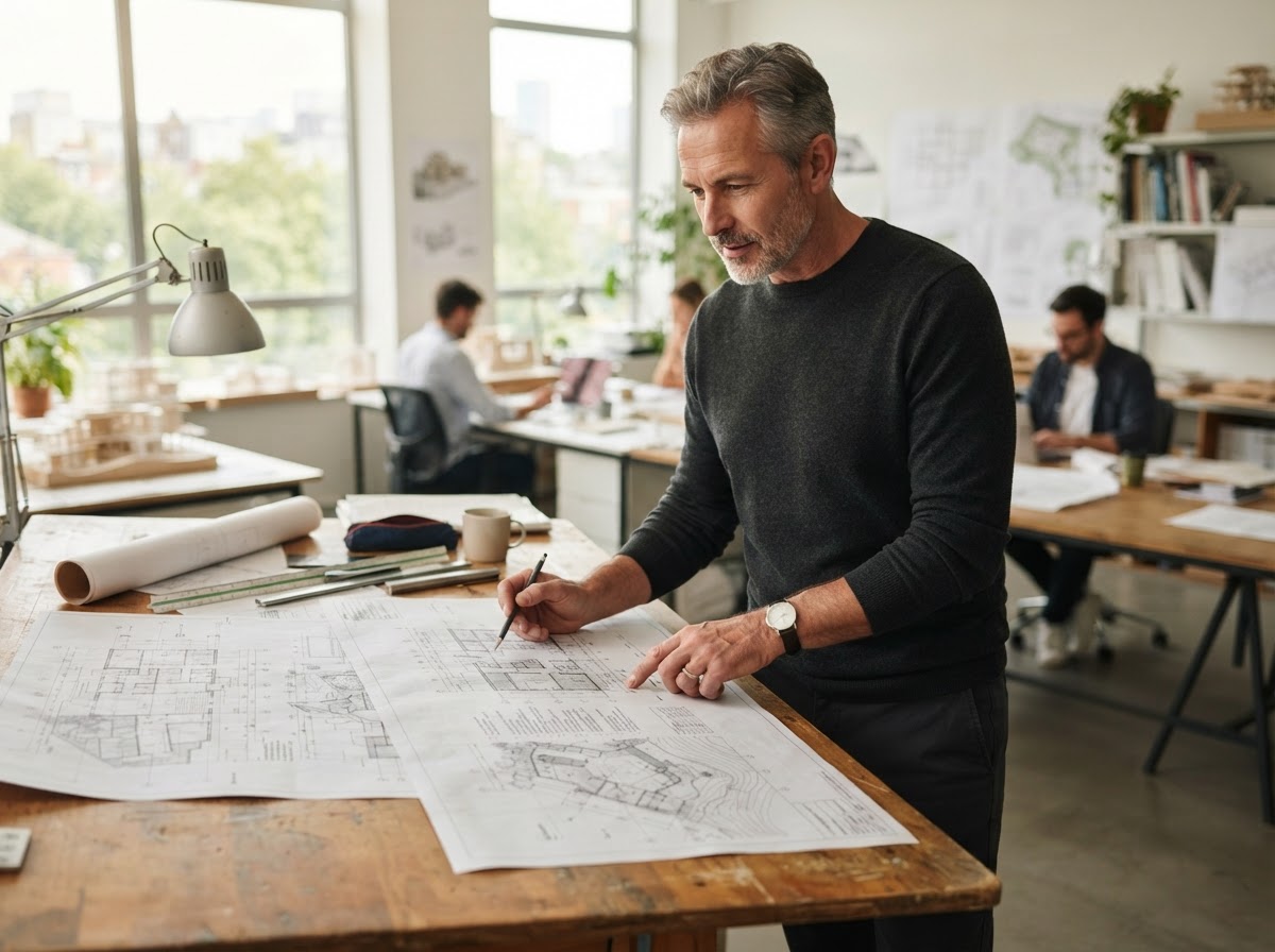 Norman Harris in his architectural and planning design studio