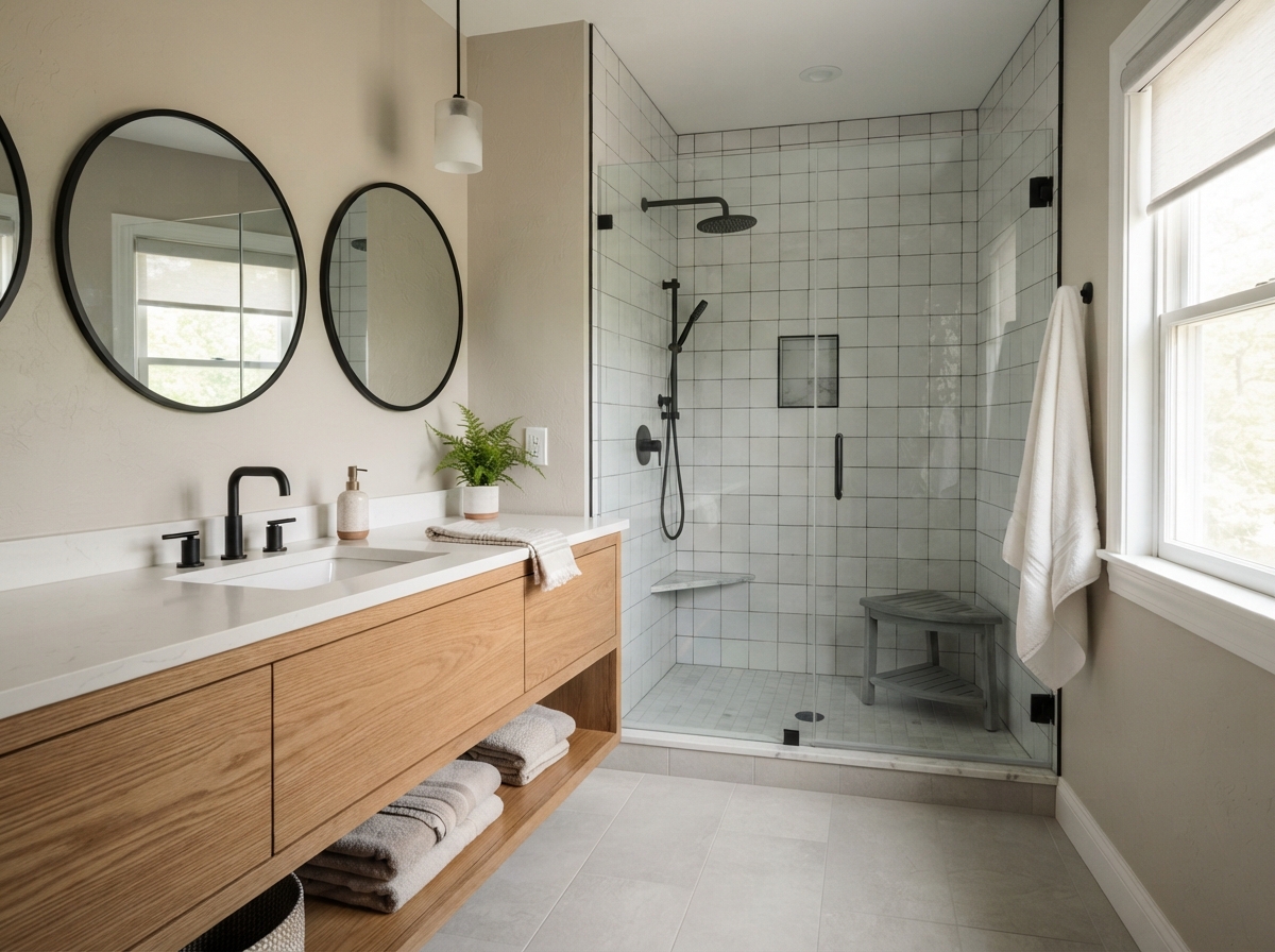 Completed bathroom remodel with new vanity and tiled shower by Painting-101 Property Renovation