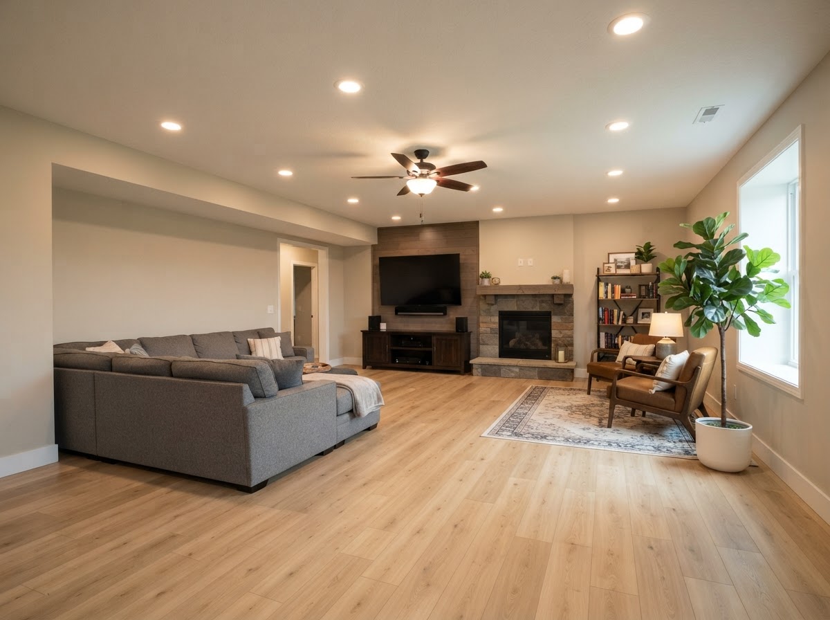 Finished basement family room with drywall and new flooring by Painting-101 Property Renovation