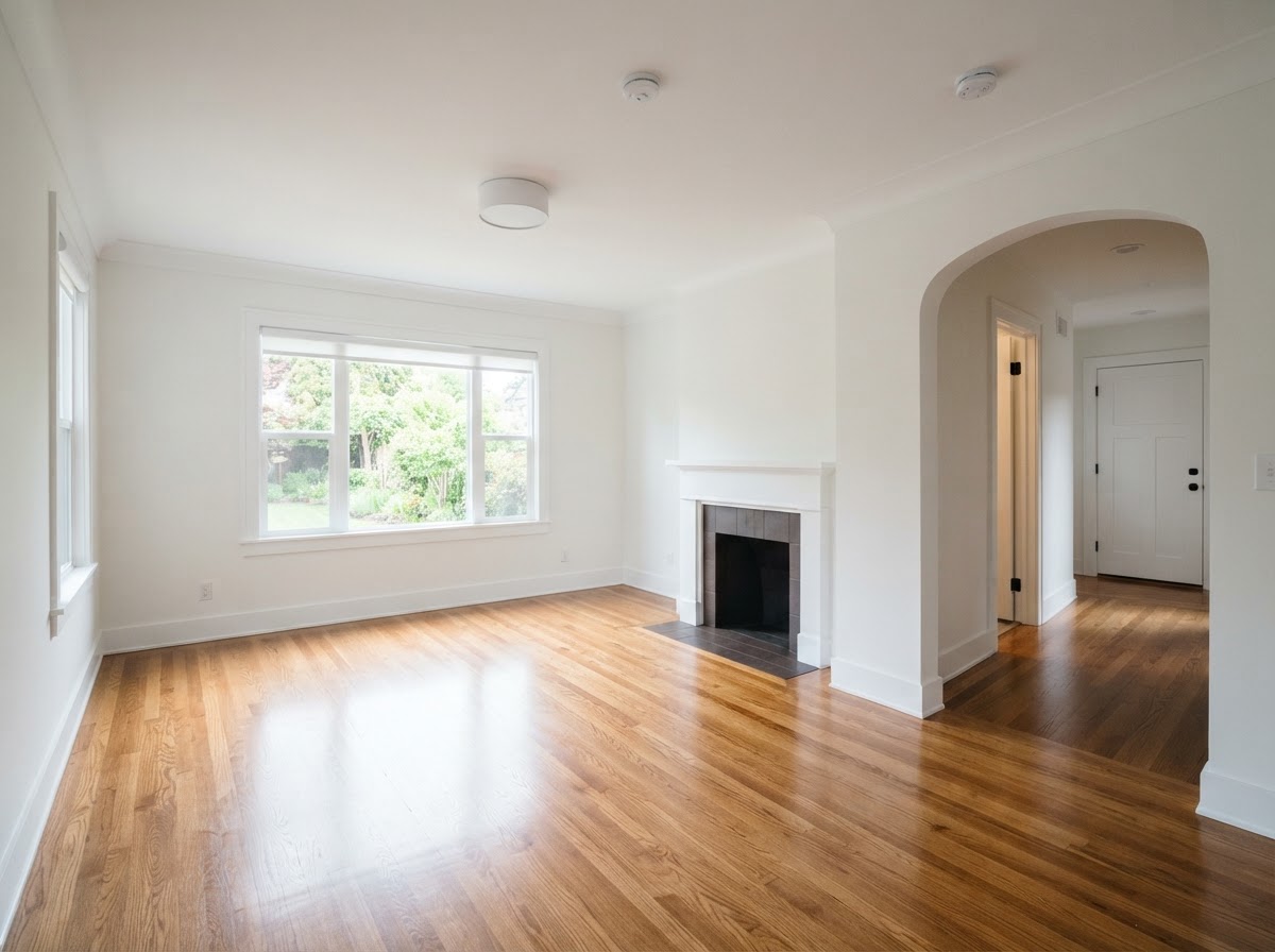 Freshly painted living room with smooth walls and restored hardwood floors by Painting-101 Property Renovation