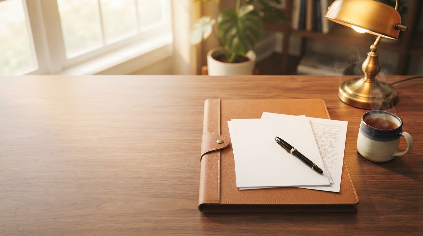 Potts Agency tax services — warm still-life desk with leather portfolio, neat documents, fountain pen, brass lamp and tea in soft golden light