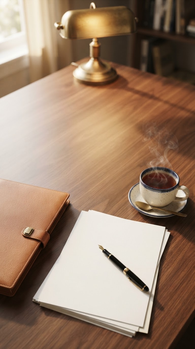 Potts Agency tax services — warm still-life desk with leather portfolio, neat documents, fountain pen, brass lamp and tea in soft golden light