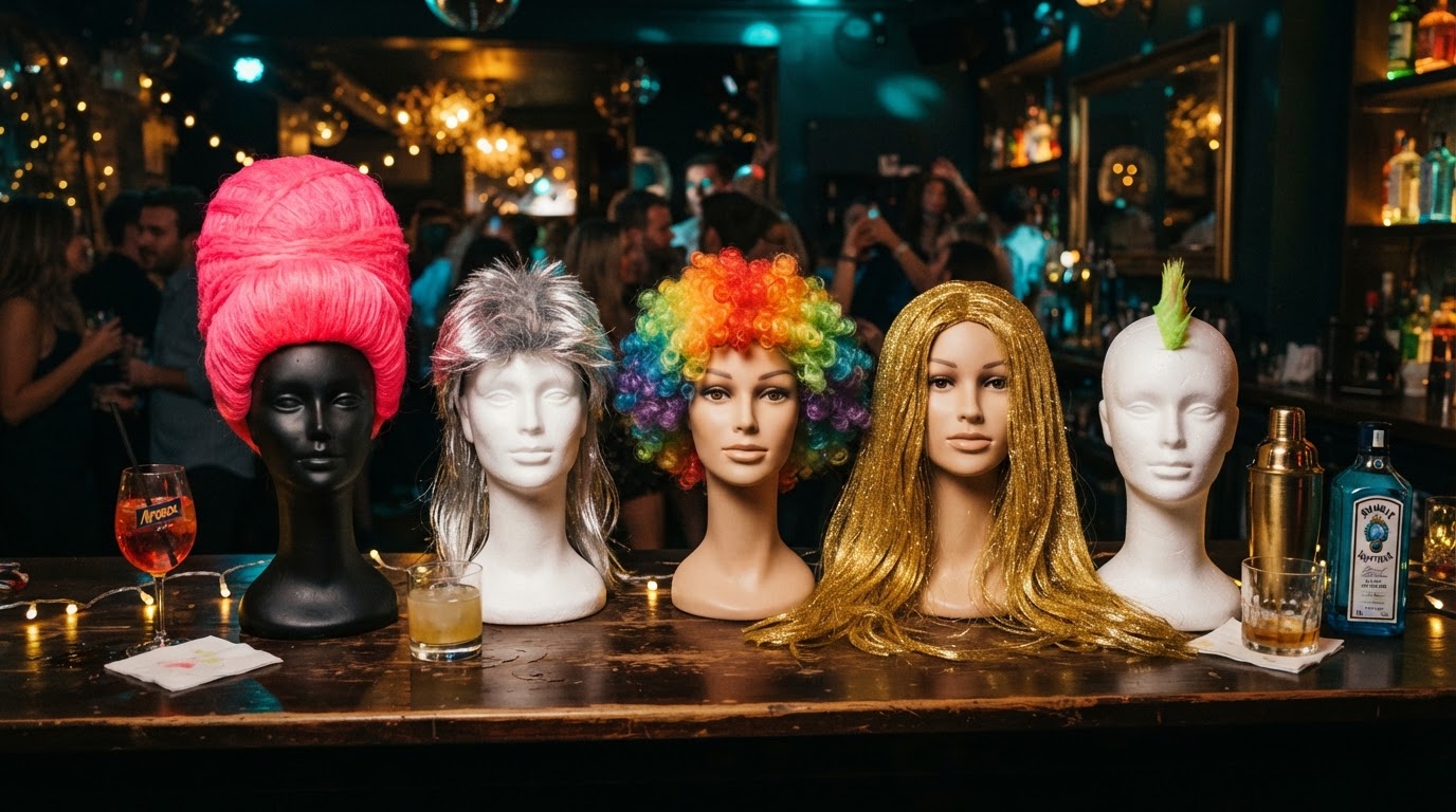 A lineup of mannequin heads wearing outrageous party wigs — a neon beehive, a silver mullet, a rainbow afro, long gold, and a green mohawk