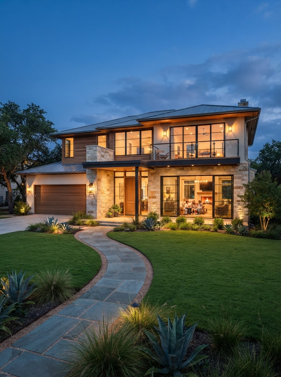 Modern Texas family residence filled with warm ambient light