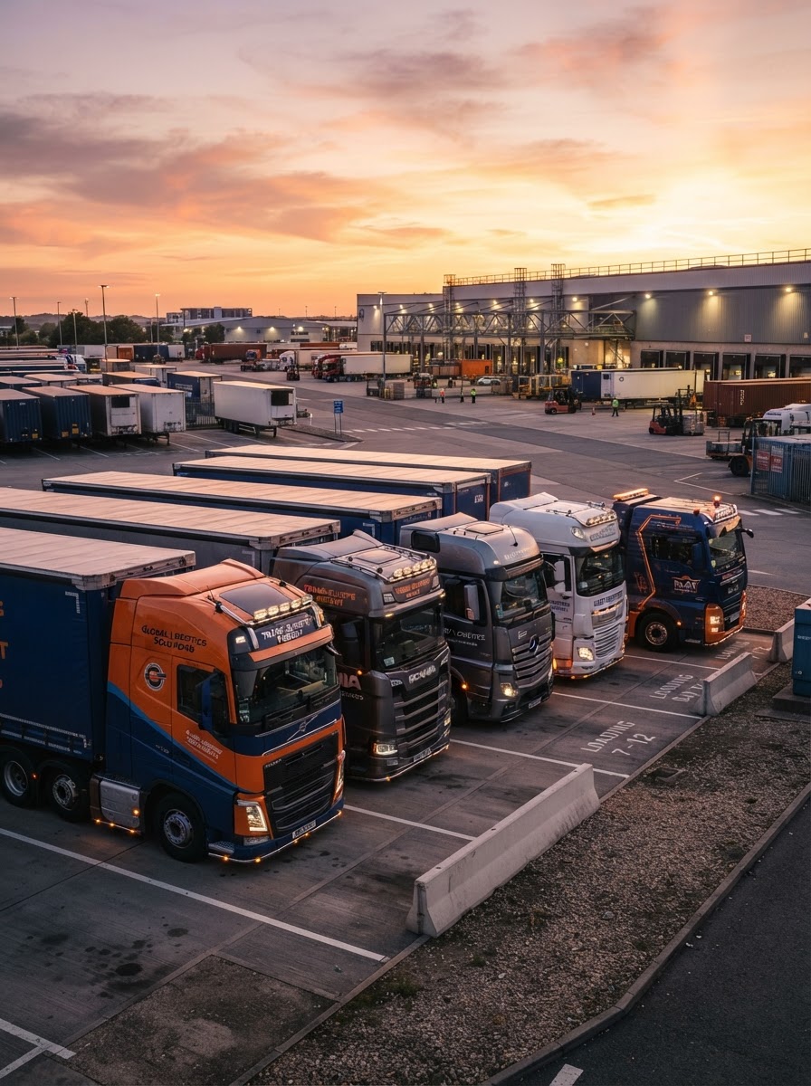 Modern transport fleet trucks on Texas highway
