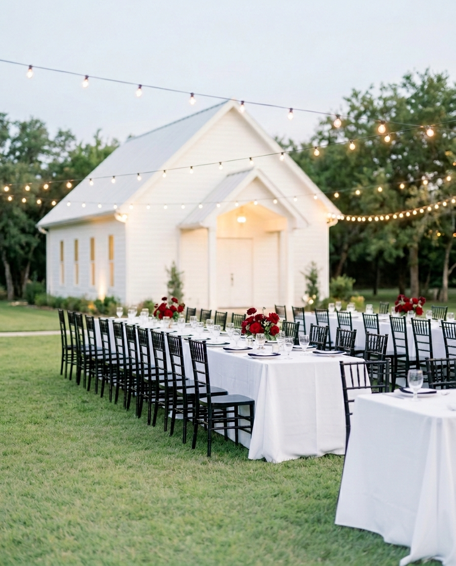 Evening event venue with string lights