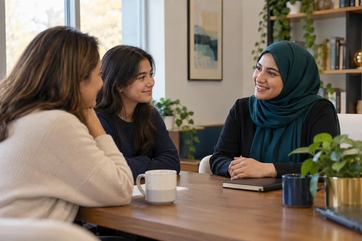 A hijab-wearing academic coach welcoming a student and parent during an initial consultation