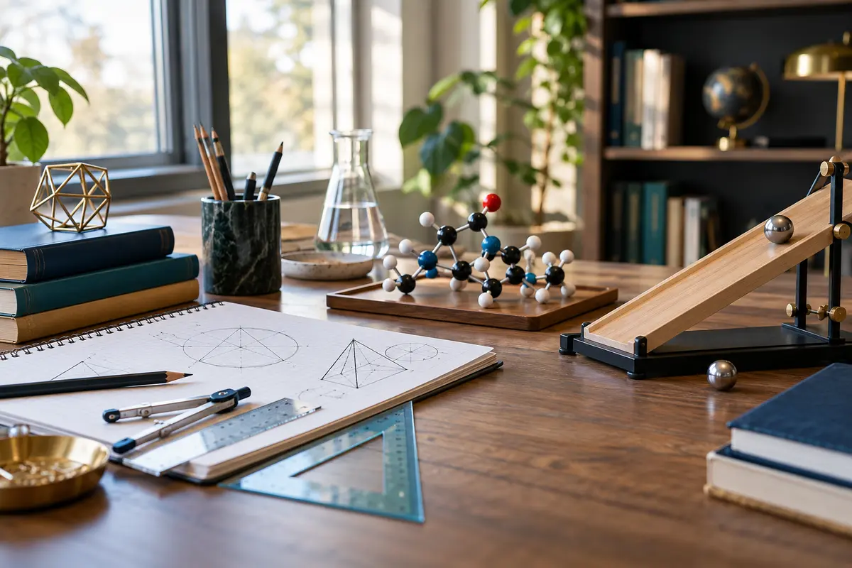Mathematics, science and physics learning materials arranged in a coordinated workspace