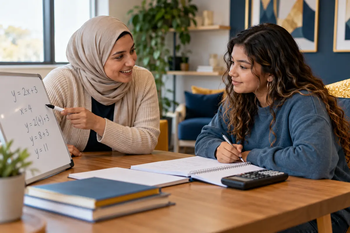 A hijab-wearing academic coach providing clear live mathematics instruction