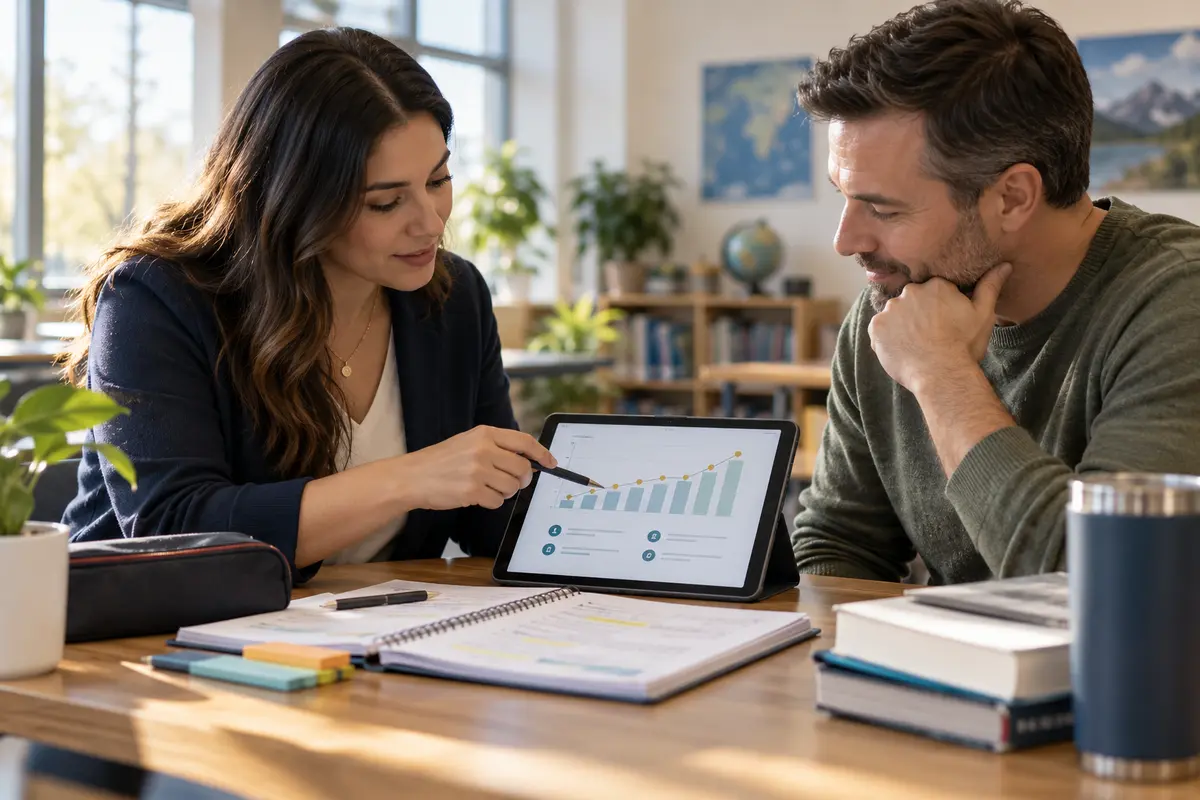 An academic coach and parent reviewing student progress together