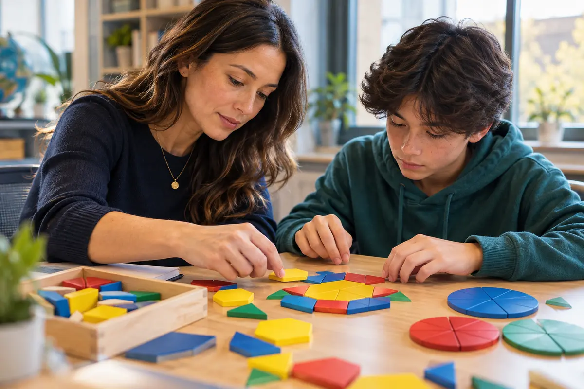 A coach and student using pattern tiles and fraction pieces to explore foundational skills