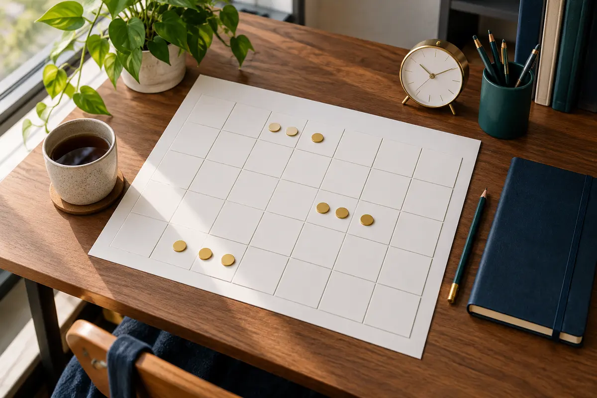 A monthly scheduling grid with session markers and an analog clock