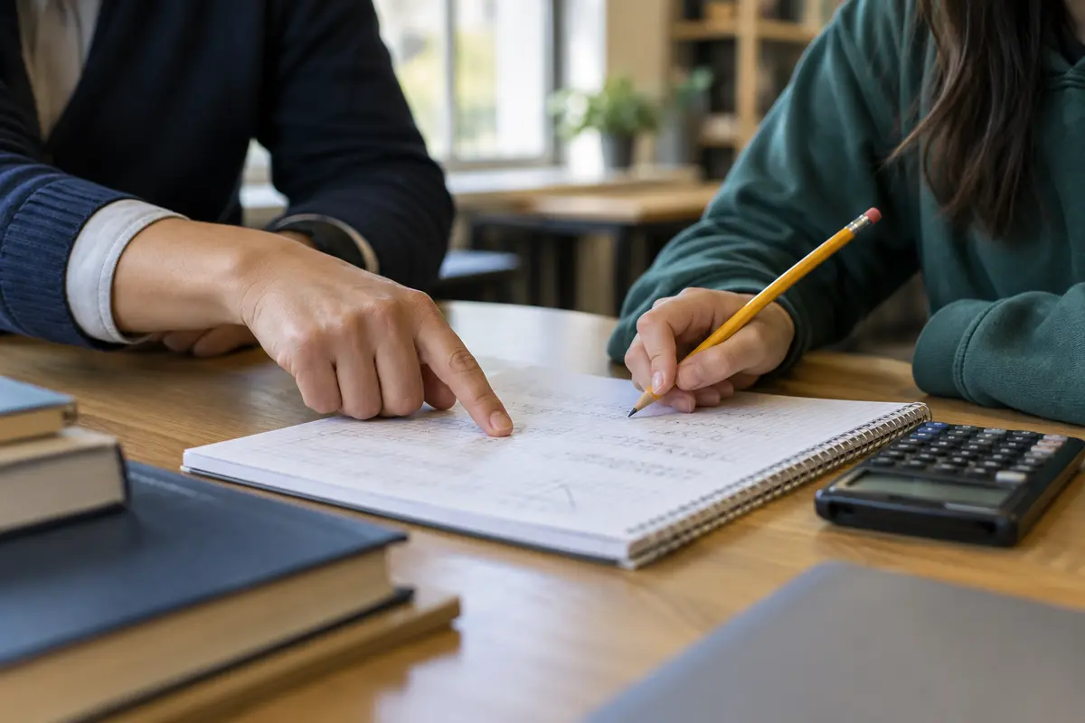 An academic coach and student reviewing mathematics work to identify learning foundations