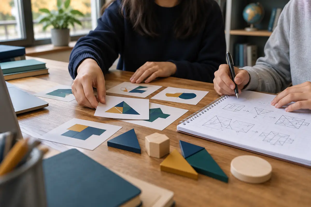 A student working through an unfamiliar problem with geometric learning materials