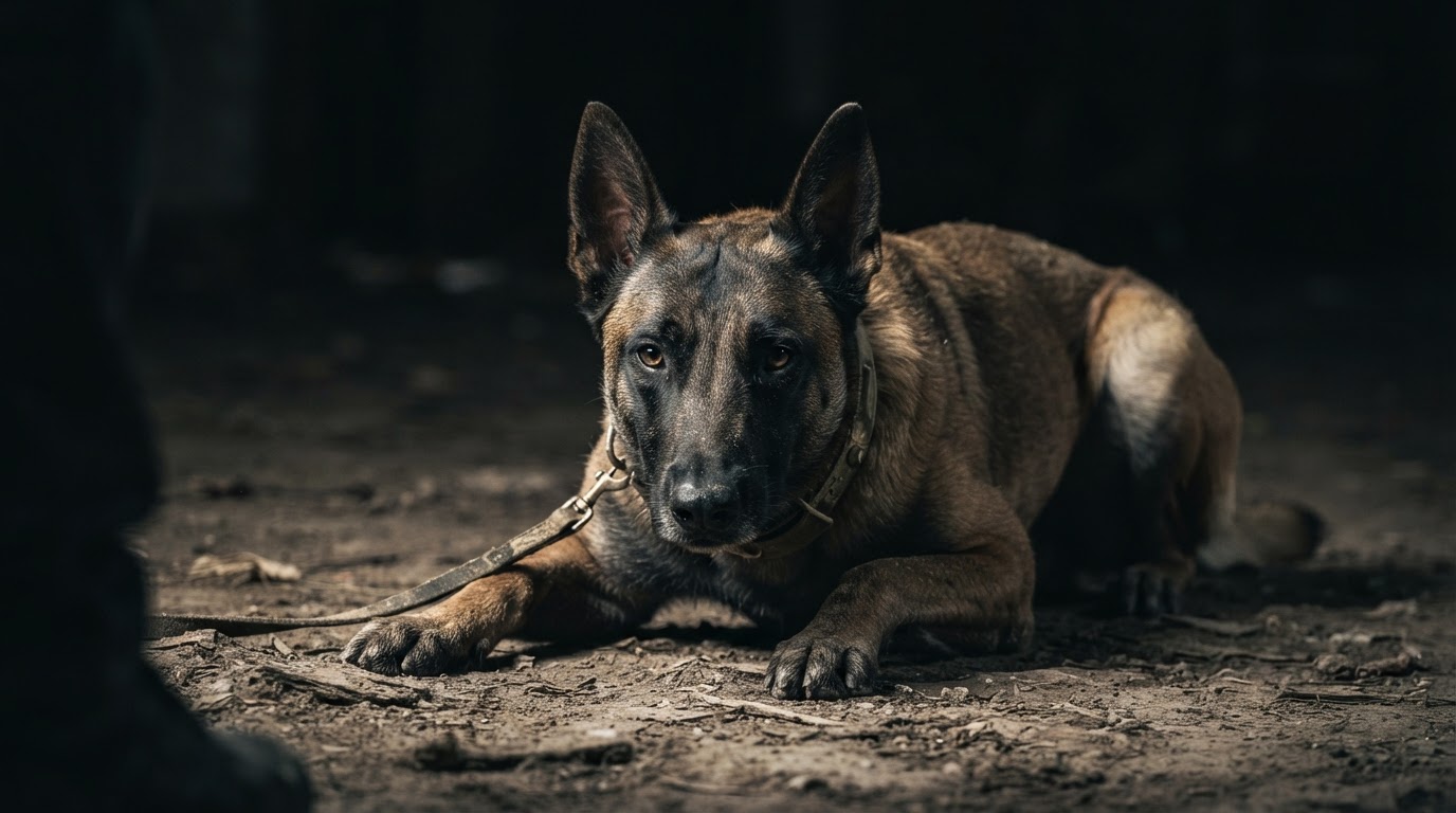 A Belgian Malinois in a focused down stay