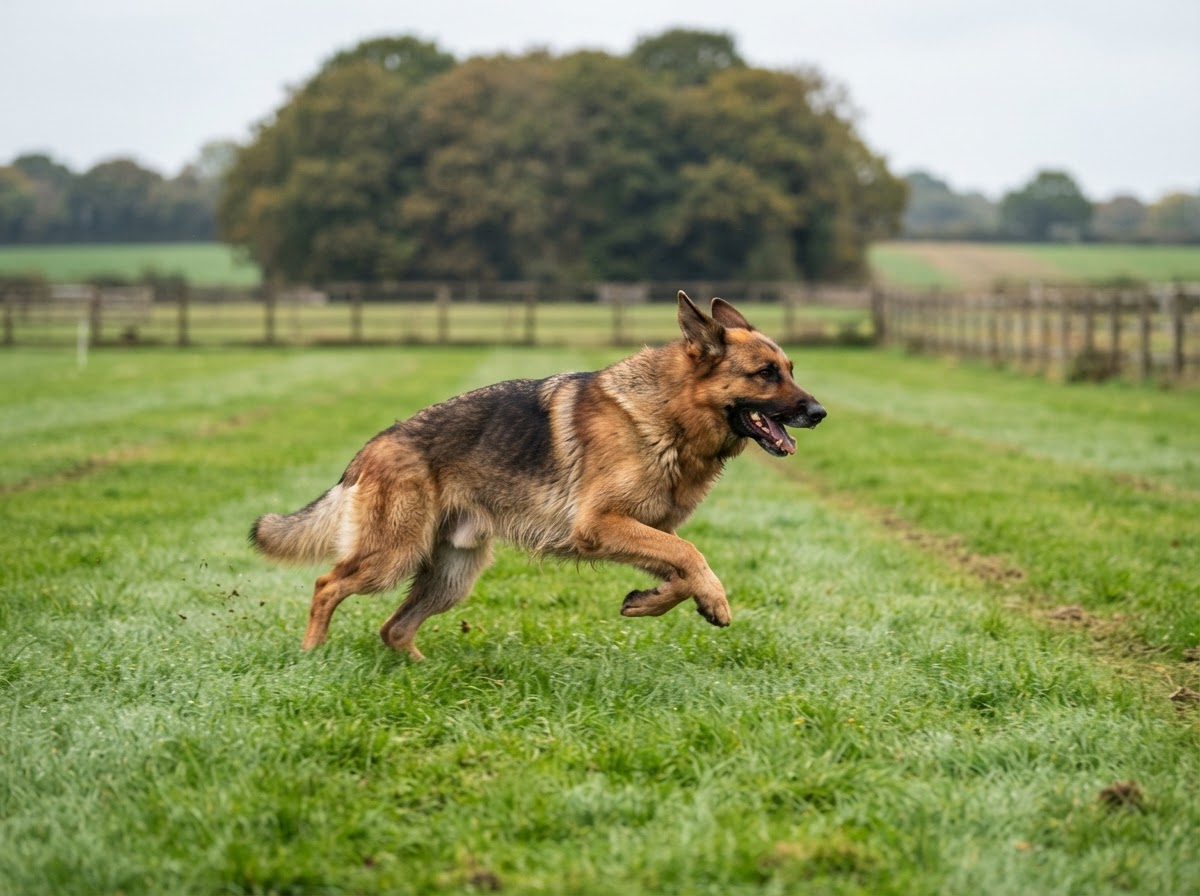 A dog running freely in a secure field