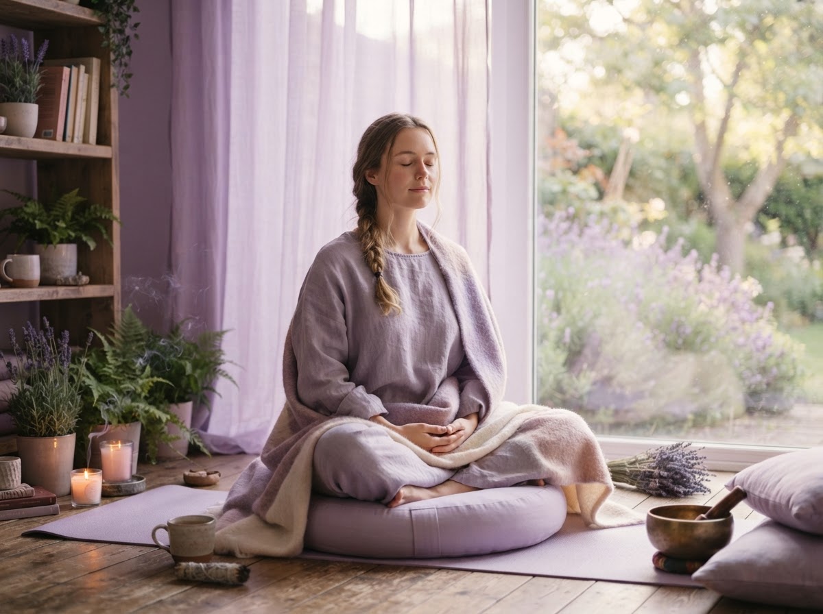 A peaceful person meditating in soft natural light, symbolizing the emotional calm of DBT