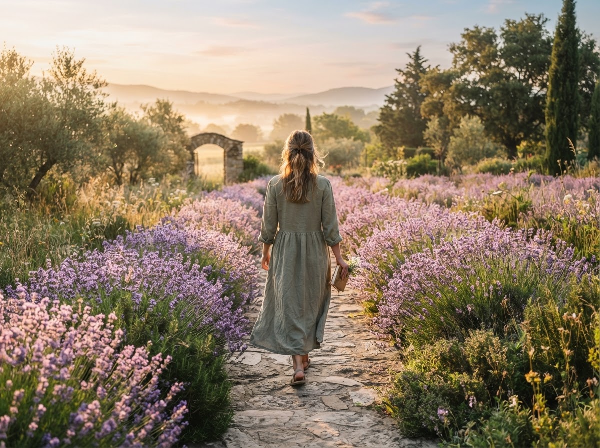 A peaceful path through a lavender garden in morning light, symbolizing the healing journey of EMDR