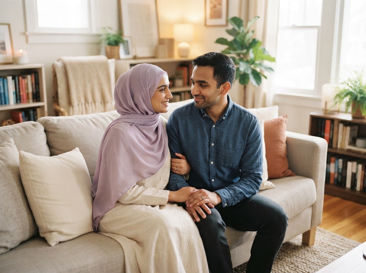 A Muslim couple, the wife wearing a soft lavender hijab, sharing a hopeful and tender moment as they renew their marriage