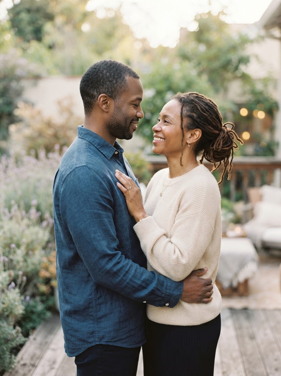A Black couple embracing with renewed affection and hope after working on their marriage