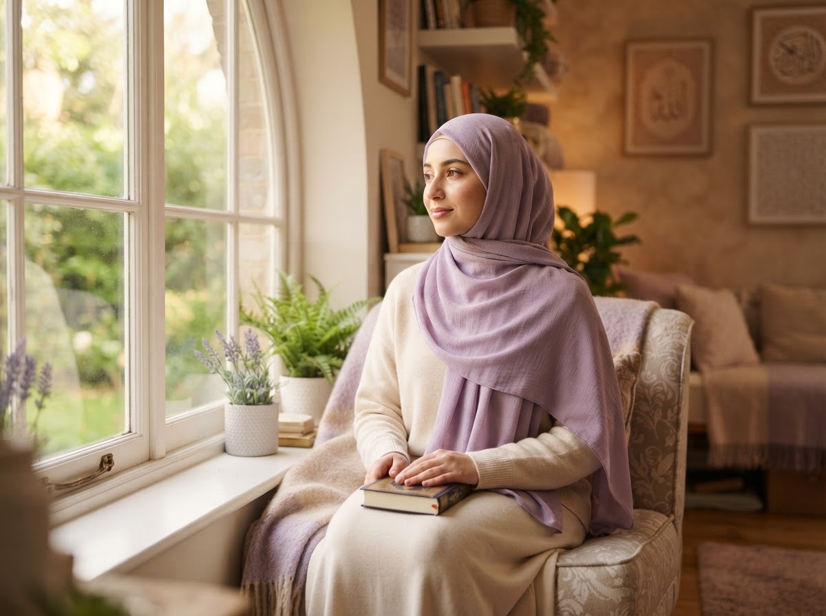 A peaceful Muslim woman in a soft lavender hijab sitting calmly by a window, conveying safety and inner peace