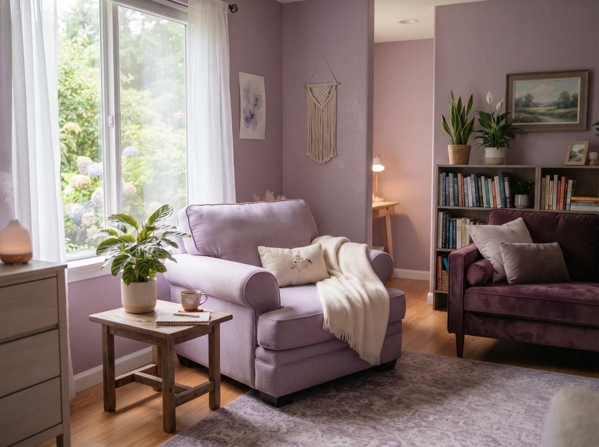 A warm, cozy therapy office with a comfortable armchair and soft natural light, a safe and inviting space