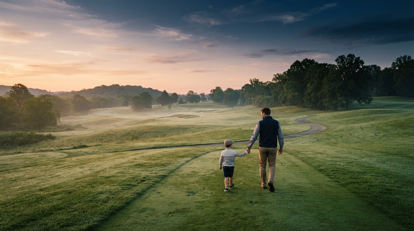 Padre e hijo caminando juntos por un campo de golf al atardecer