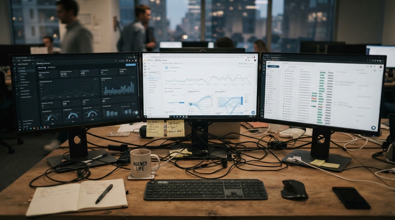 Office desk with three monitors showing disconnected marketing systems.