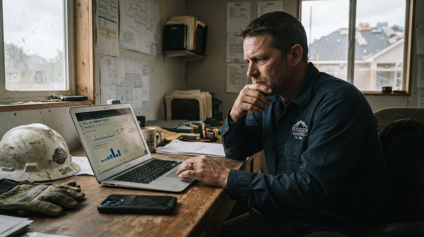 Local roofing contractor reviewing advertising performance on a laptop while his phone sits idle.