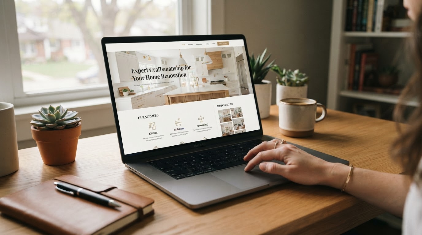 Attractive contractor website on a laptop with no clear call to action above the fold.