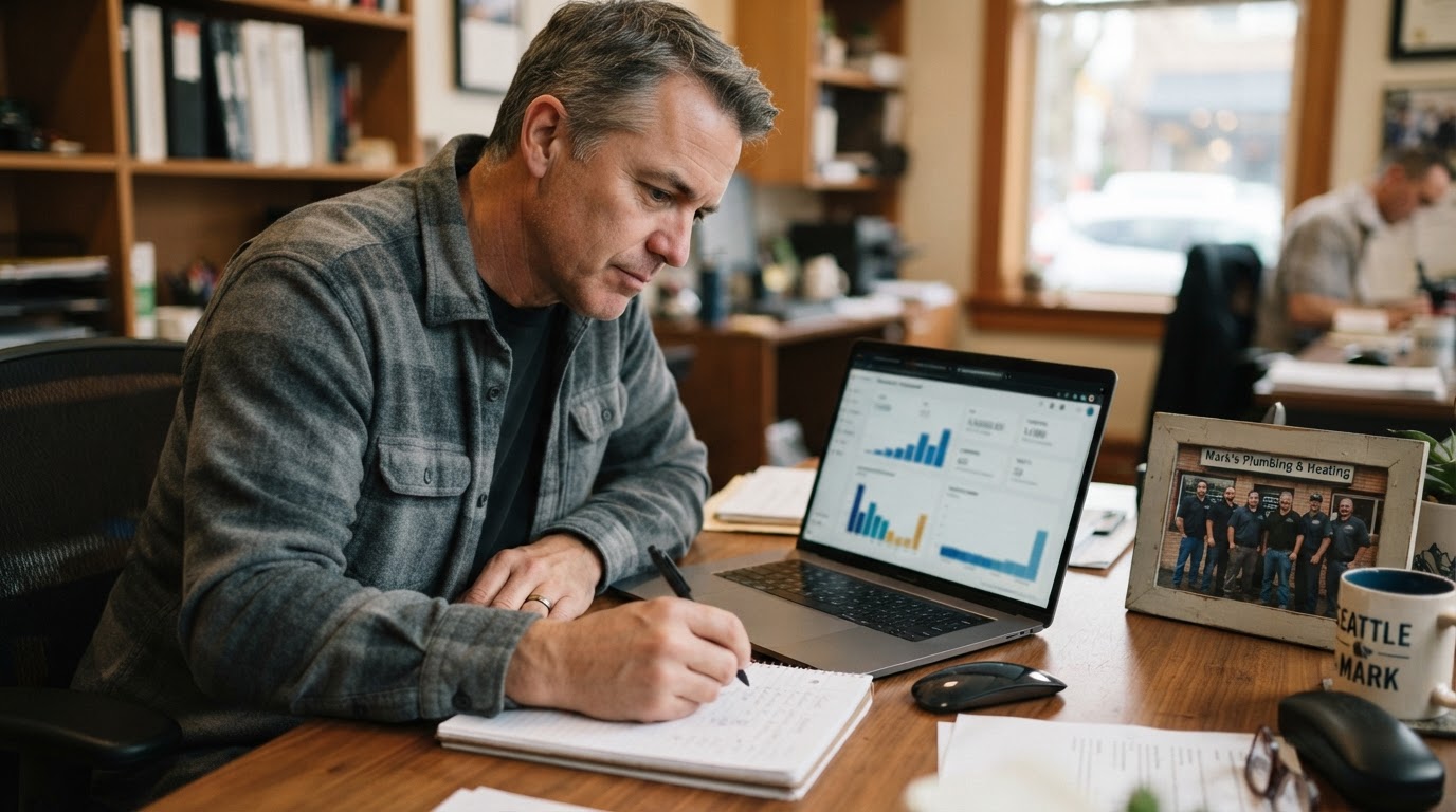 Business owner studying a marketing performance dashboard on a laptop.