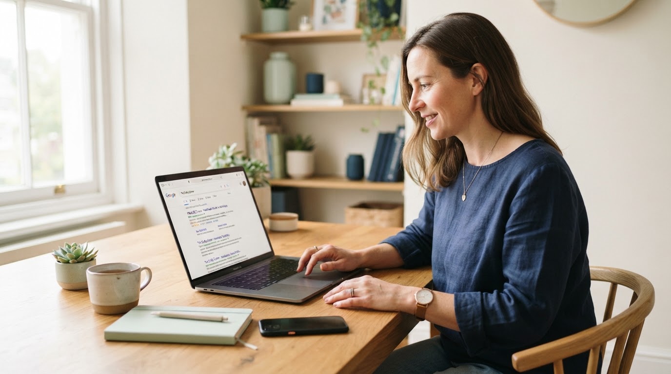 Small business owner searching for their own business name on Google on a laptop
