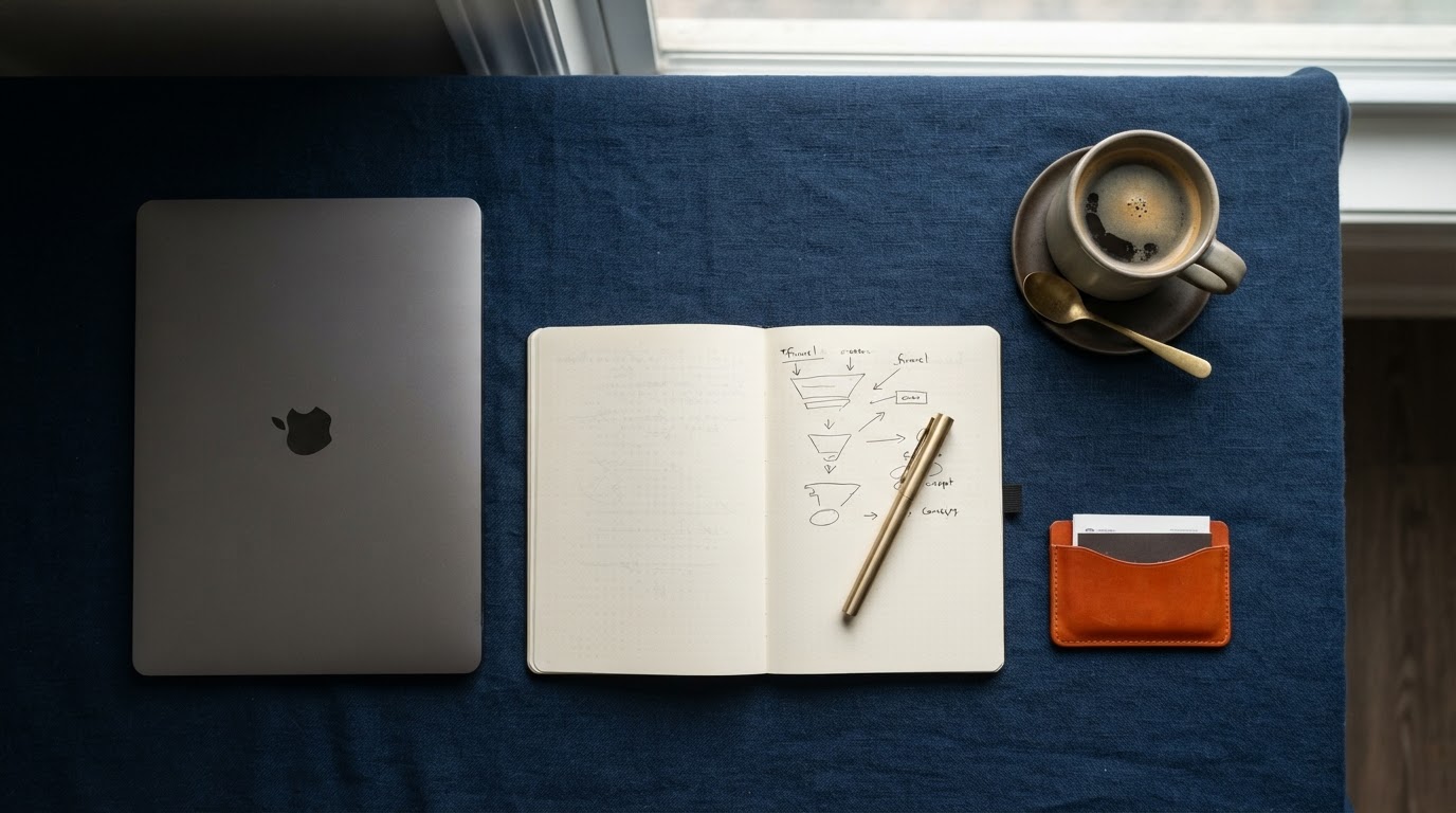 A workspace with a laptop, notebook, and coffee on a deep navy surface