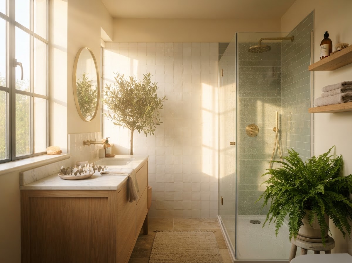 A luxury bathroom with white zellige tile, a gold framed mirror and a crystal clear shower screen