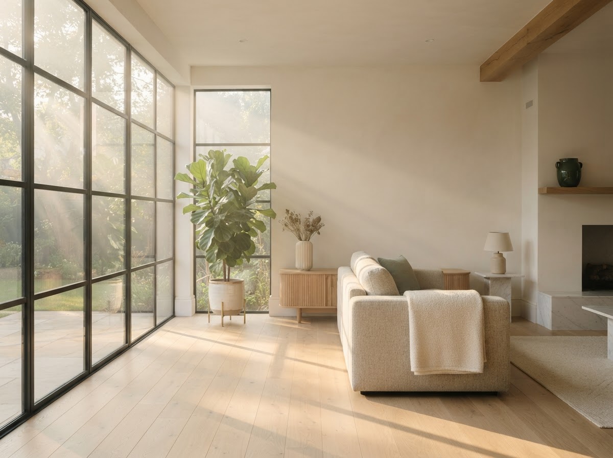 A bright open living space with a linen sofa, plant and gleaming wood floor