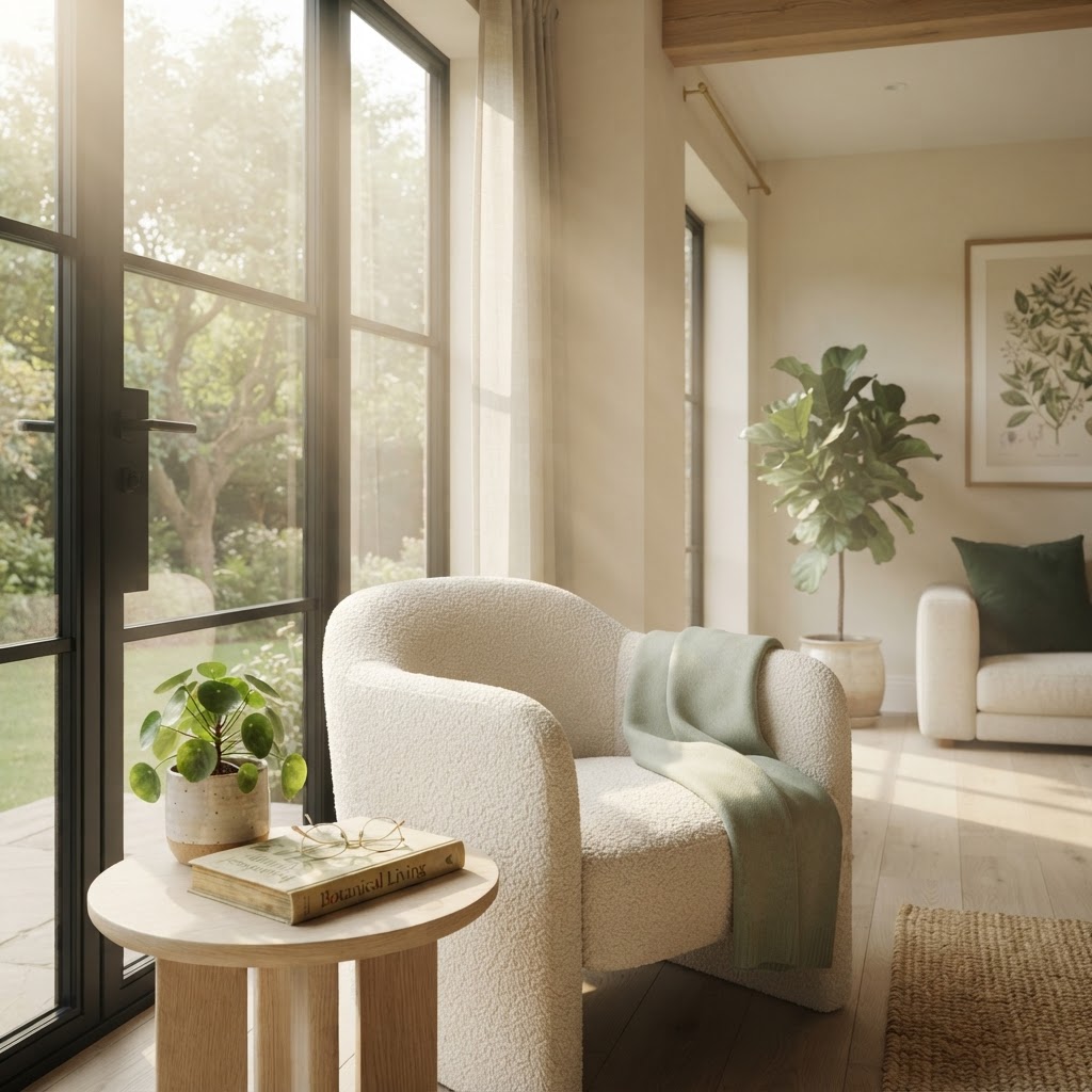 A bright armchair by a window with a book, reading glasses and a small plant