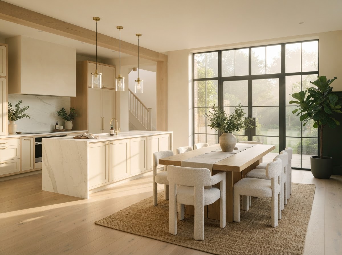 A bright living room with clean baseboards and sunlight streaming across polished floors