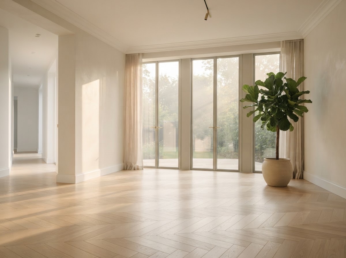 An empty bright room with clean floors and sunlight pouring in